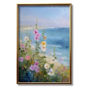 Hollyhocks Flowering on a Coastal Hill