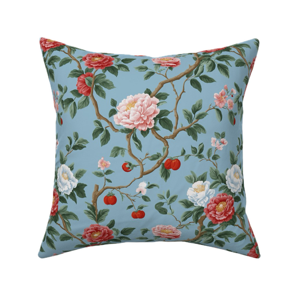 Throw Pillow in blooming peonies berry fruits branches light blue