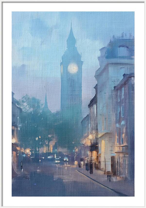 London cityscape painting illustrating evening fog
