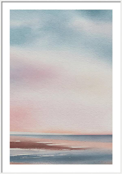 Abstract watercolour painting portraying a tranquil beach