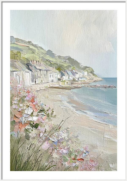 Coastal village landscape painting featuring cottages