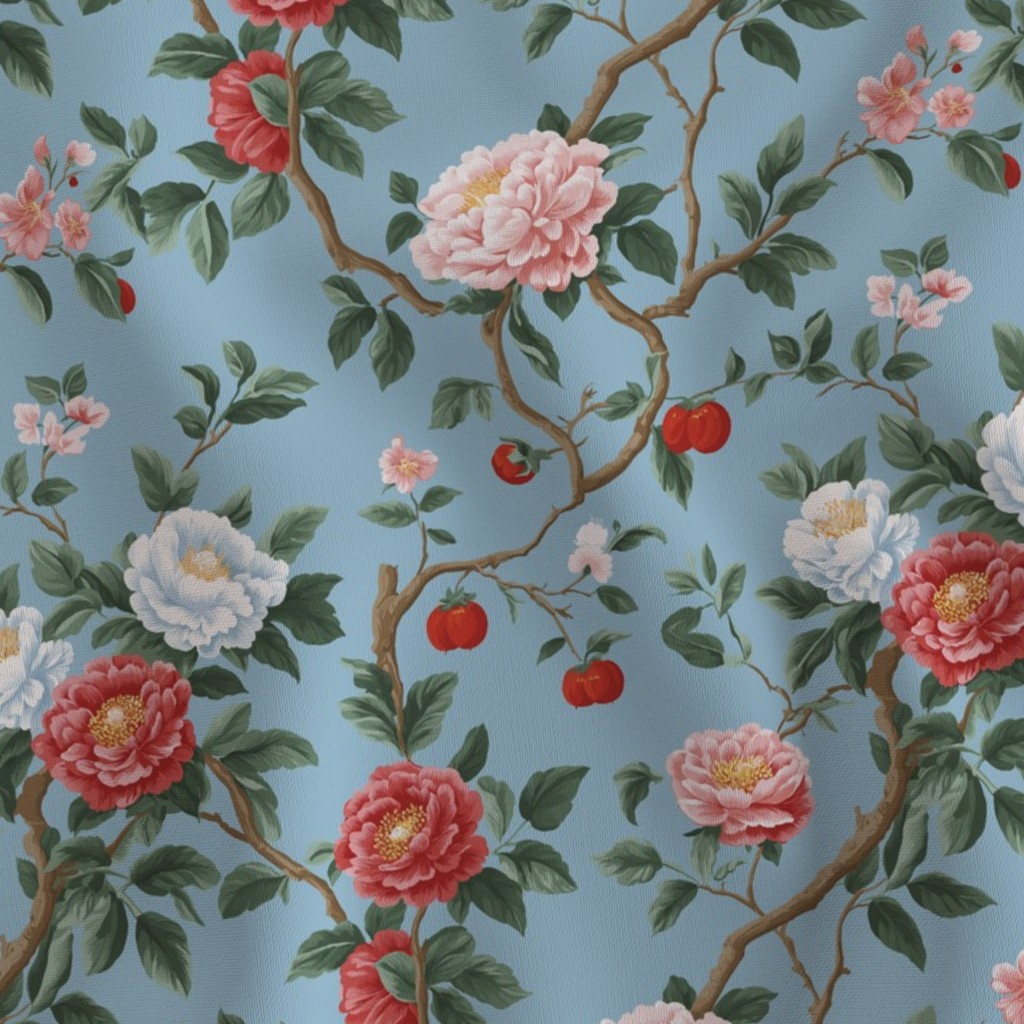 Fabric in blooming peonies berry fruits branches light blue