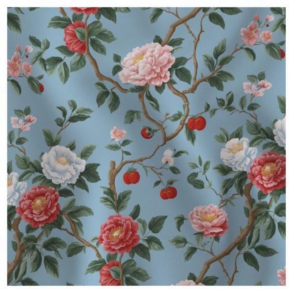 Fabric in blooming peonies berry fruits branches light blue