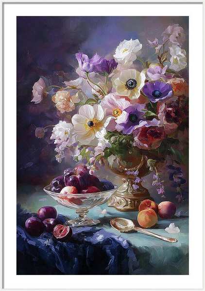 Floral still life painting with vibrant anemones, roses, plums, peaches, and ornate vase