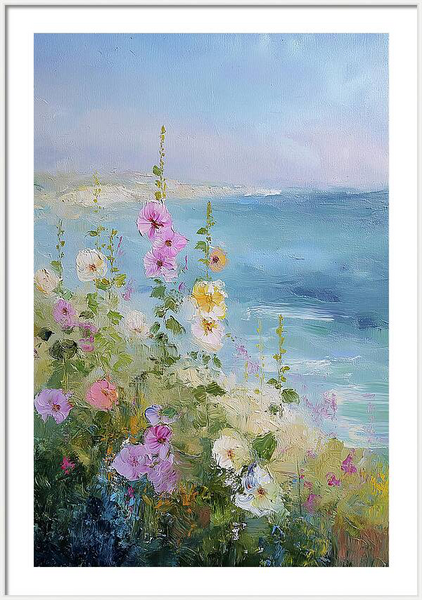 Hollyhocks flowering on a coastal hill, impressionist oil painting depicting a serene seascape view