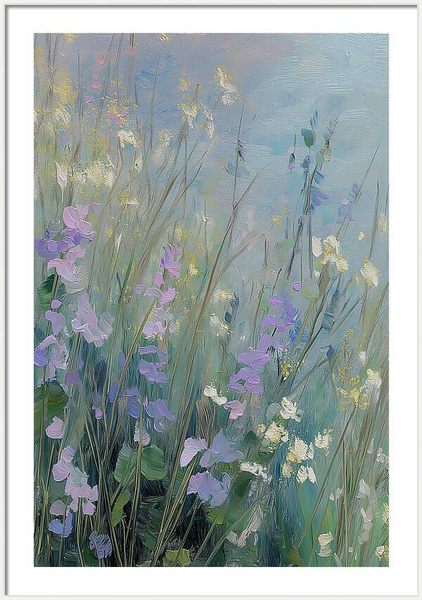 Impressionist oil painting capturing a blooming wildflower field with pastel colors and vibrant brushstrokes