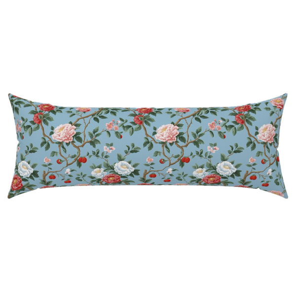 Lumbar Pillow in blooming peonies berry fruits branches light blue
