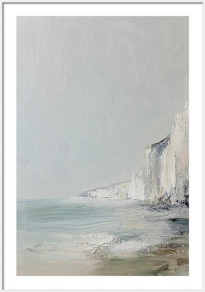 Oil painting capturing the serene view of the White Cliffs of Dover along the coastline at the beach