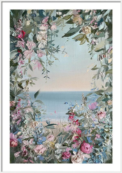 Oil painting framing tranquil seascape with floral archway, pastel flowers blooming