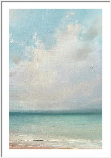 Oil painting presenting an abstract serene seascape with beach