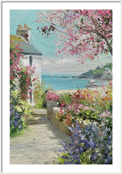 Seaside village painting depicting coastal path