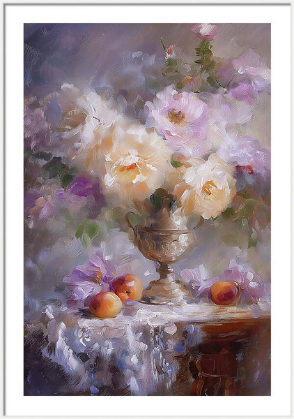 Still life painting showing a classical vase with blooming flowers and fresh fruit