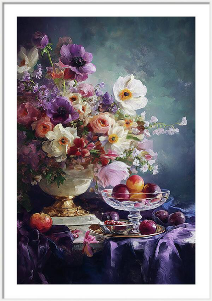Still life painting showing vibrant anemone flowers and garden fruits arranged in a classical style