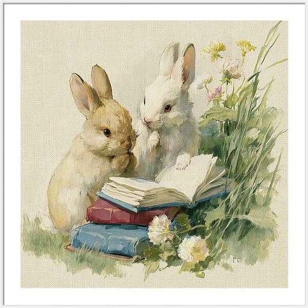 Two cute bunnies reading books in a whimsical fine art style