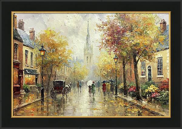 Autumn rain falling on a European city street with horse carriage Quintessential Home