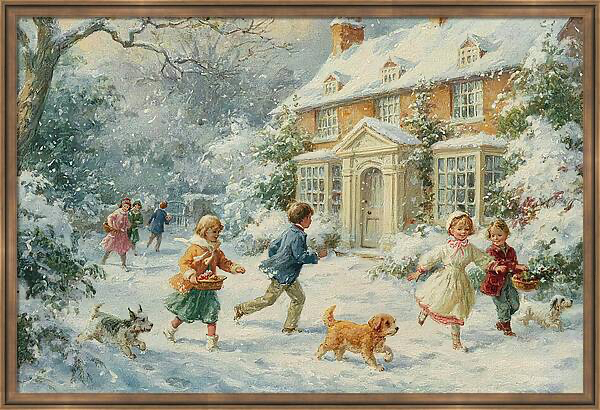 Children and dogs playing in falling snow outside Quintessential Home