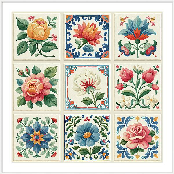 Collection of decorative floral tiles featuring vintage botanica Quintessential Home