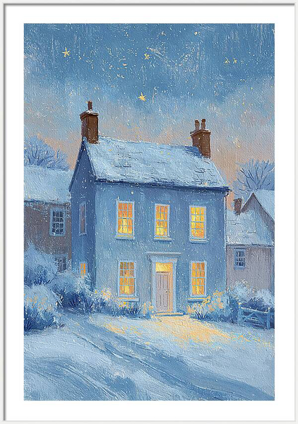 Cosy house in a peaceful snowy winter village at night Quintessential Home