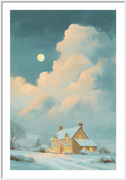 Cosy winter cottage glowing under a full moon Quintessential Home