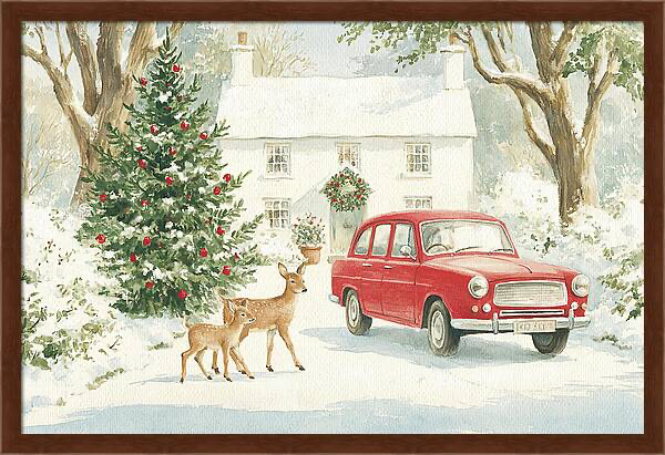 Country cottage winter scene with deer and vintage red car Quintessential Home