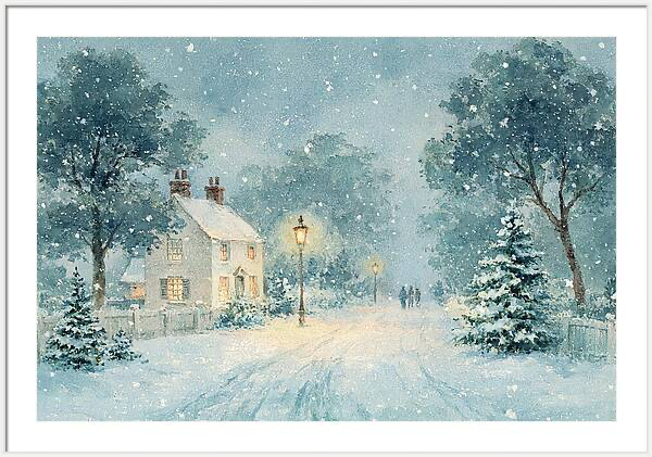 Cozy winter village scene with falling snow, glowing lampposts Quintessential Home
