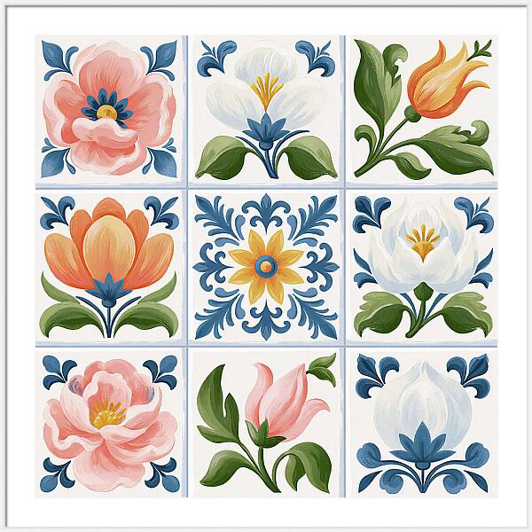 Decorative folk art floral tile pattern, vintage Quintessential Home