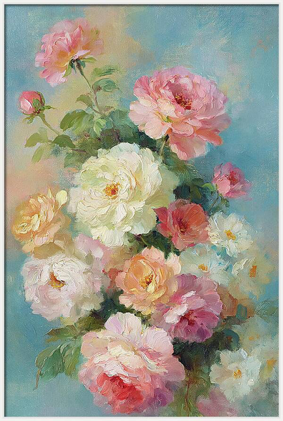 Fine art oil painting depicting a vibrant bouquet of pink, white Quintessential Home