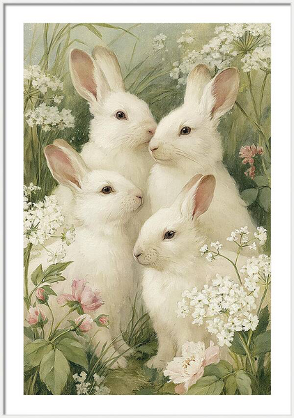 Four white rabbits gathering in a lush green garden Quintessential Home