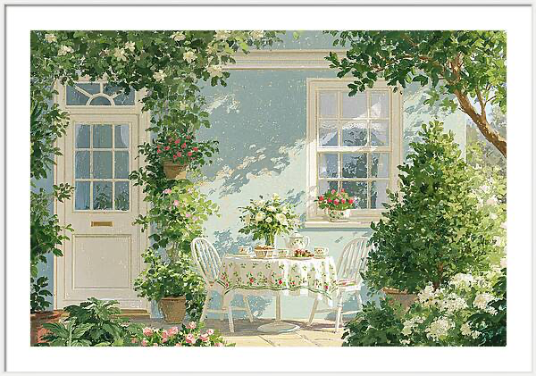 Garden patio set for tea with white rose bouquet Quintessential Home