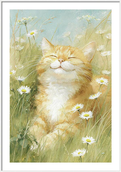 Ginger cat enjoying a peaceful moment in a daisy meadow, smiling Quintessential Home