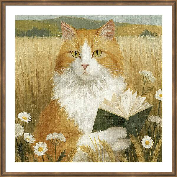 Ginger cat with a book sitting in a field of wheat and daisies Quintessential Home