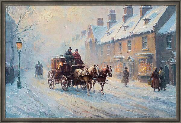 Horse drawn carriage moving through a snowy Victorian street Quintessential Home