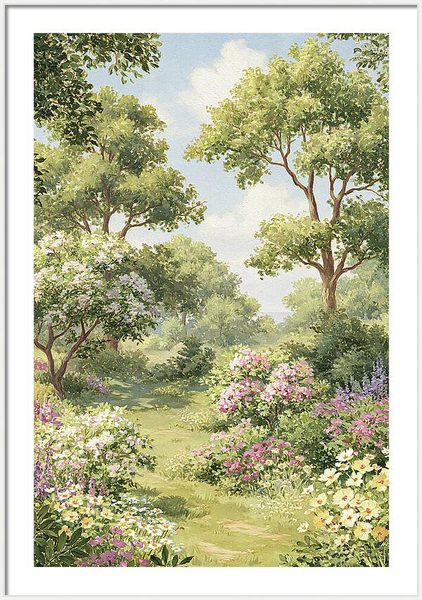 Impressionist blooming garden painting with lush trees Quintessential Home