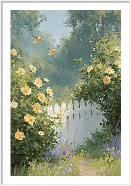 Impressionistic painting depicting yellow roses blooming Quintessential Home