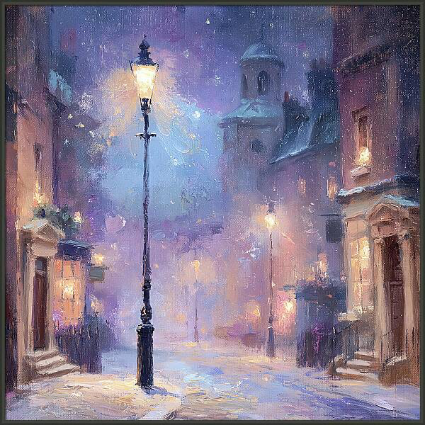 Old street lamp radiating a warm glow amidst falling snow Quintessential Home