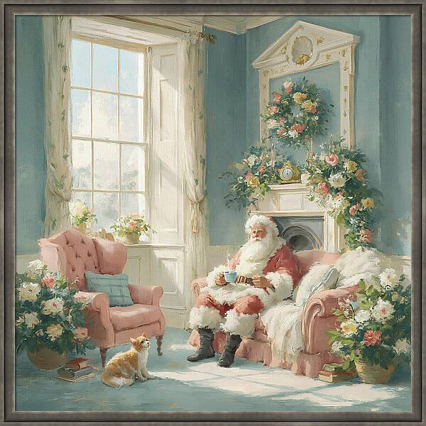 Santa Claus relaxing on a pink sofa with a cup, a cat watching Quintessential Home