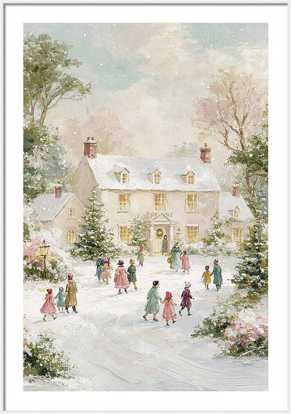 Snow falling on people arriving at a festive country house Quintessential Home