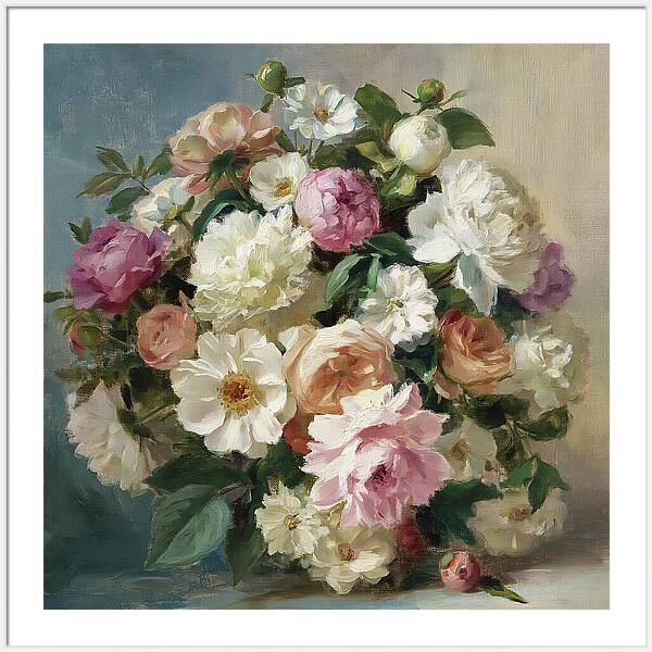 Still life oil painting with white and pink peonies and roses Quintessential Home