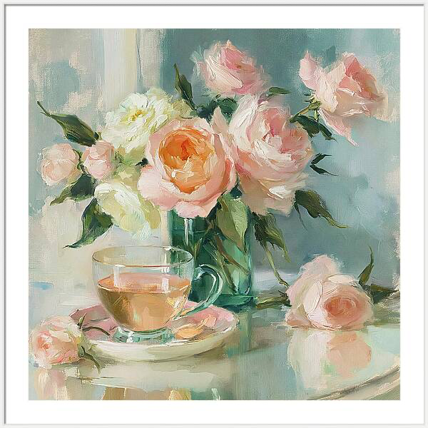 Still life painting featuring a glass teacup with warm tea Quintessential Home