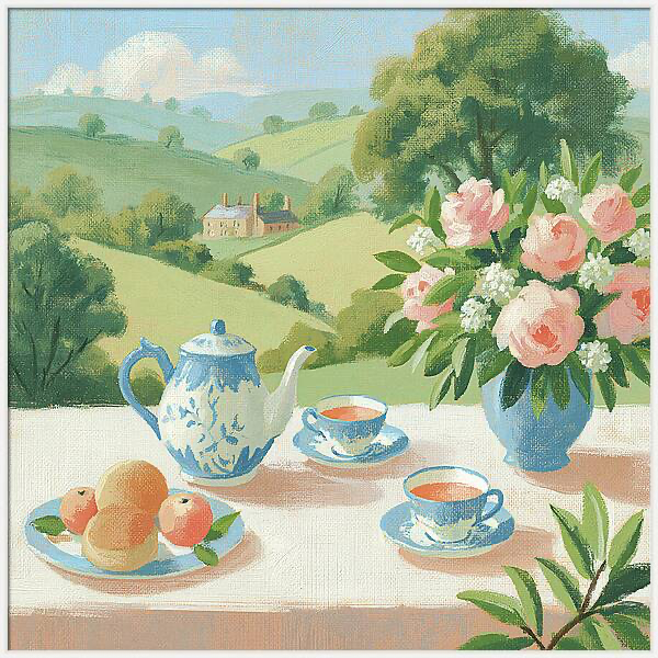 Still life with teapot, cups, scones, and roses Quintessential Home
