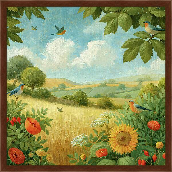 Summer countryside landscape view with flying birds, sunflowers Quintessential Home