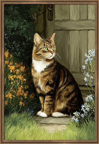 Tabby cat sitting vigilantly by an old cottage door Quintessential Home