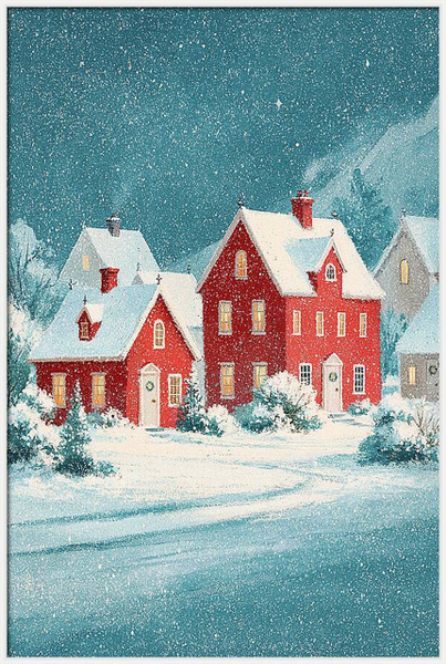 Warm red houses standing in a cosy winter village Quintessential Home