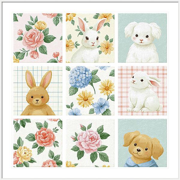 Watercolour collection of bunnies and dogs with floral patterns Quintessential Home