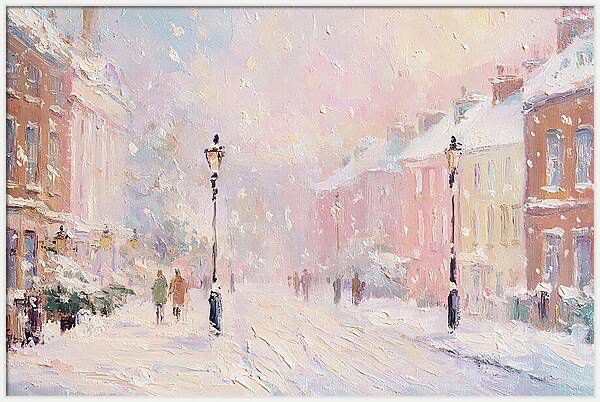 Winter city street with falling snow, pedestrians walking Quintessential Home