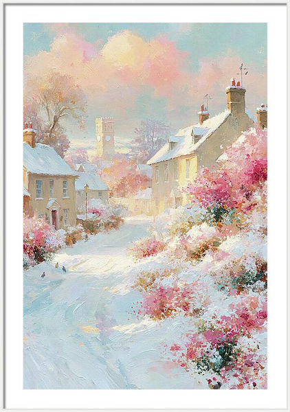 Winter village scene painting with snow covered houses Quintessential Home