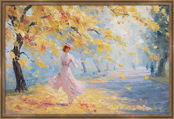 Woman walking in autumn park, pink dress flowing Quintessential Home